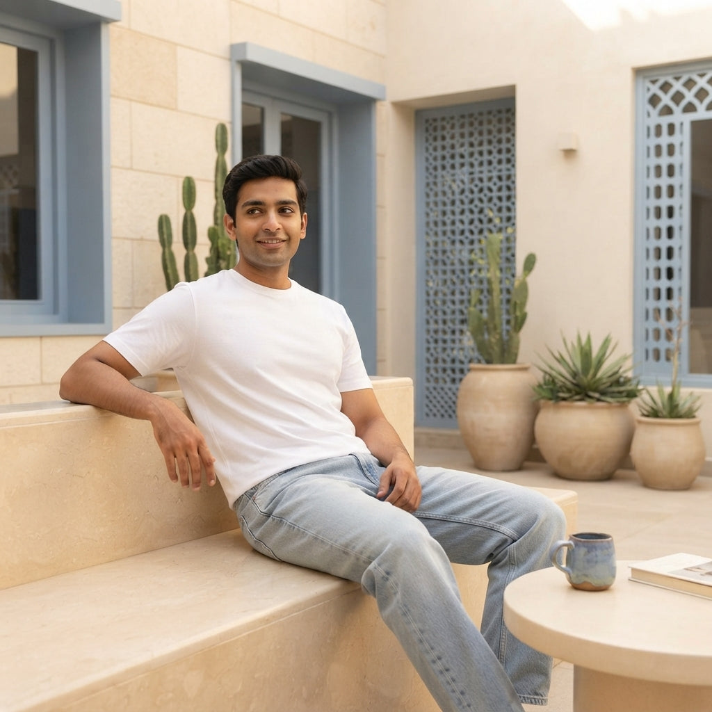 A young South Asian man wearing a white cotton crew neck t-shirt standing in a minimalist urban courtyard.